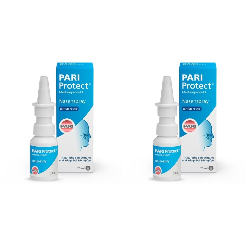 Zwei PARI Protect Nasenspray-Flaschen mit Verpackung. Weiße Flaschen mit blauem Etikett und Sprühkopf. Blaue Verpackung mit Produktnamen.