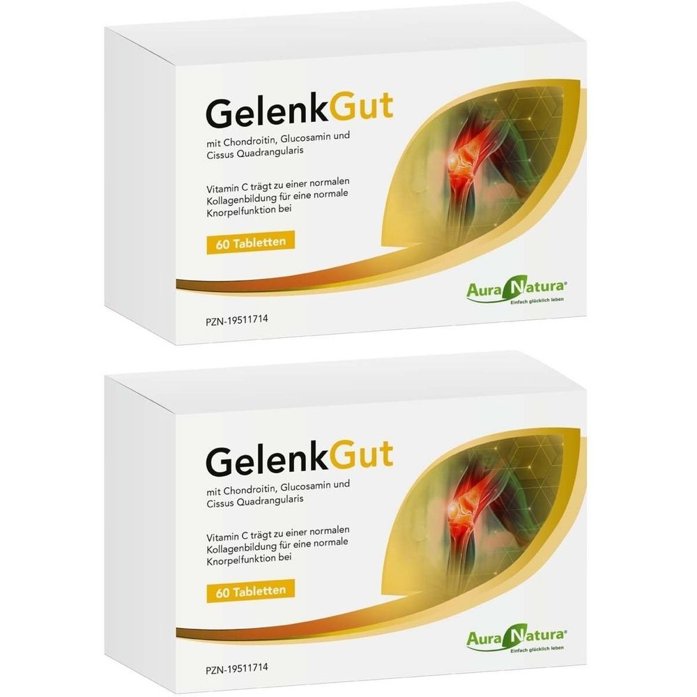 Zwei weiße Schachteln mit der Aufschrift "GelenkGut". Enthält 60 Tabletten. Aufdruck: Aura Natura. PZN-19511714.