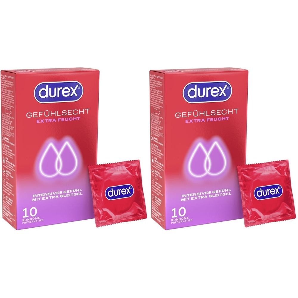 Zwei Packungen und Kondome von Durex. Rote Verpackung mit Produktnamen und Logo. Einzelne Kondome in roter Folie.