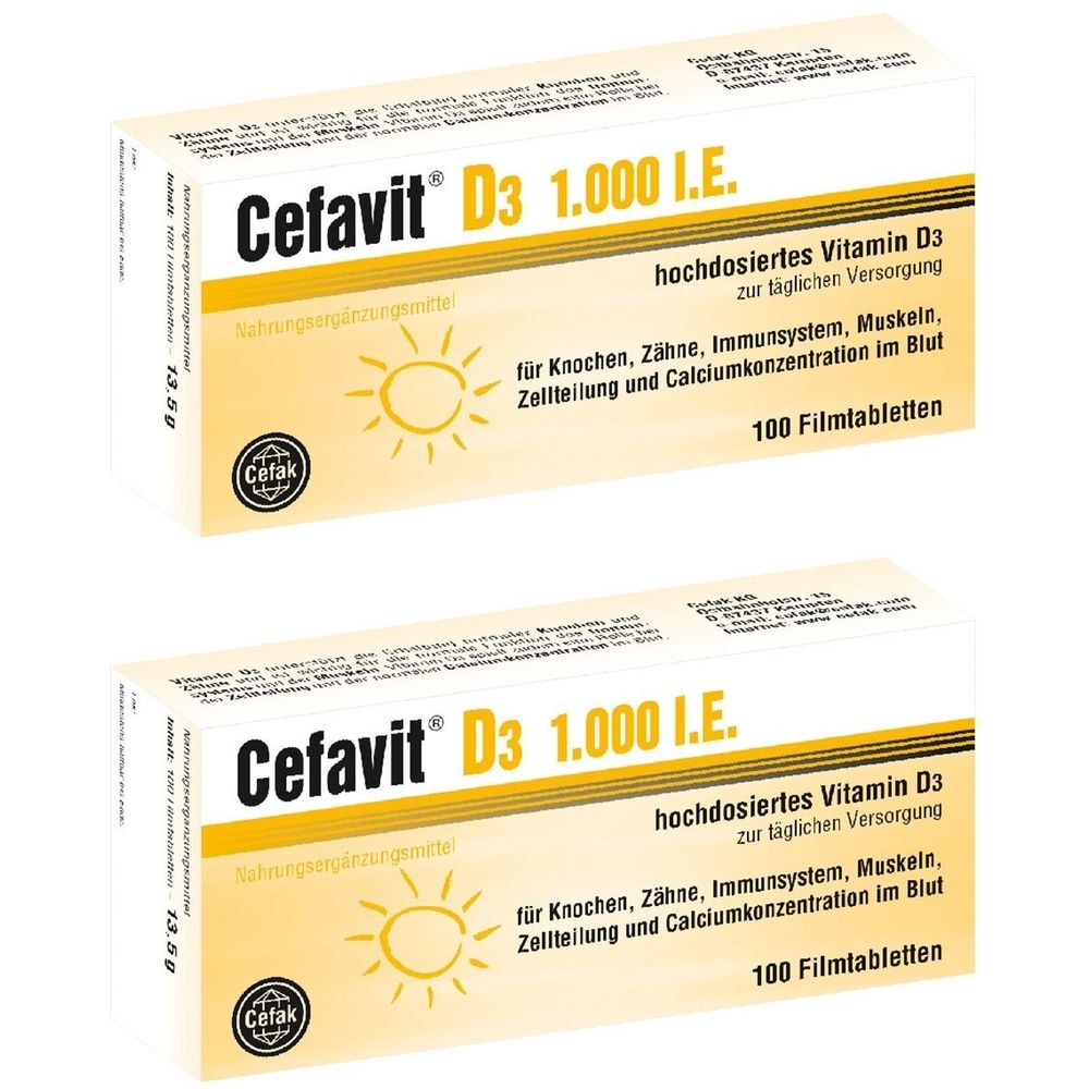 Zwei Packungen Cefavit D3 1.000 I.E. Vitamin D3. Weiße Schachteln mit gelbem Streifen und Produktinformationen. Aufschrift: 100 Filmtabletten.