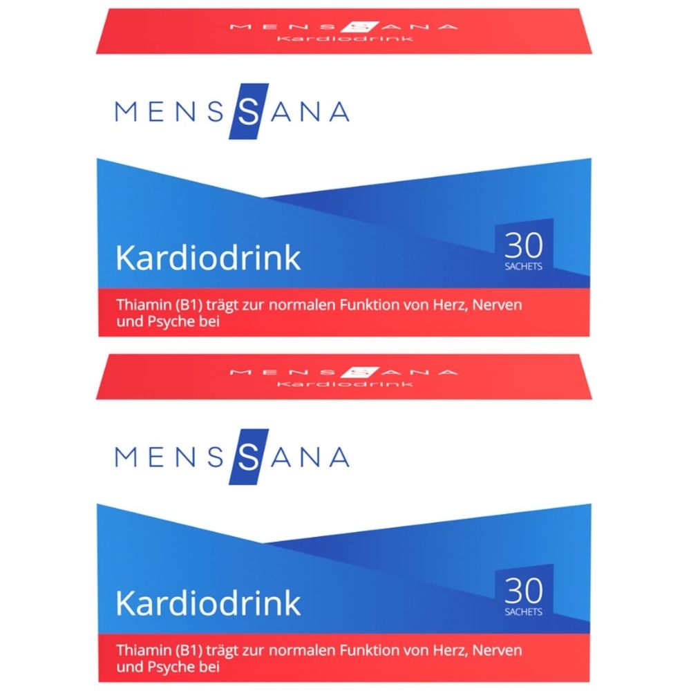 Verpackung mit Produktnamen Kardiodrink und Logo MENS SANA. Enthält 30 Sachets. Text: Thiamin (B1) für Herz, Nerven und Psyche.
