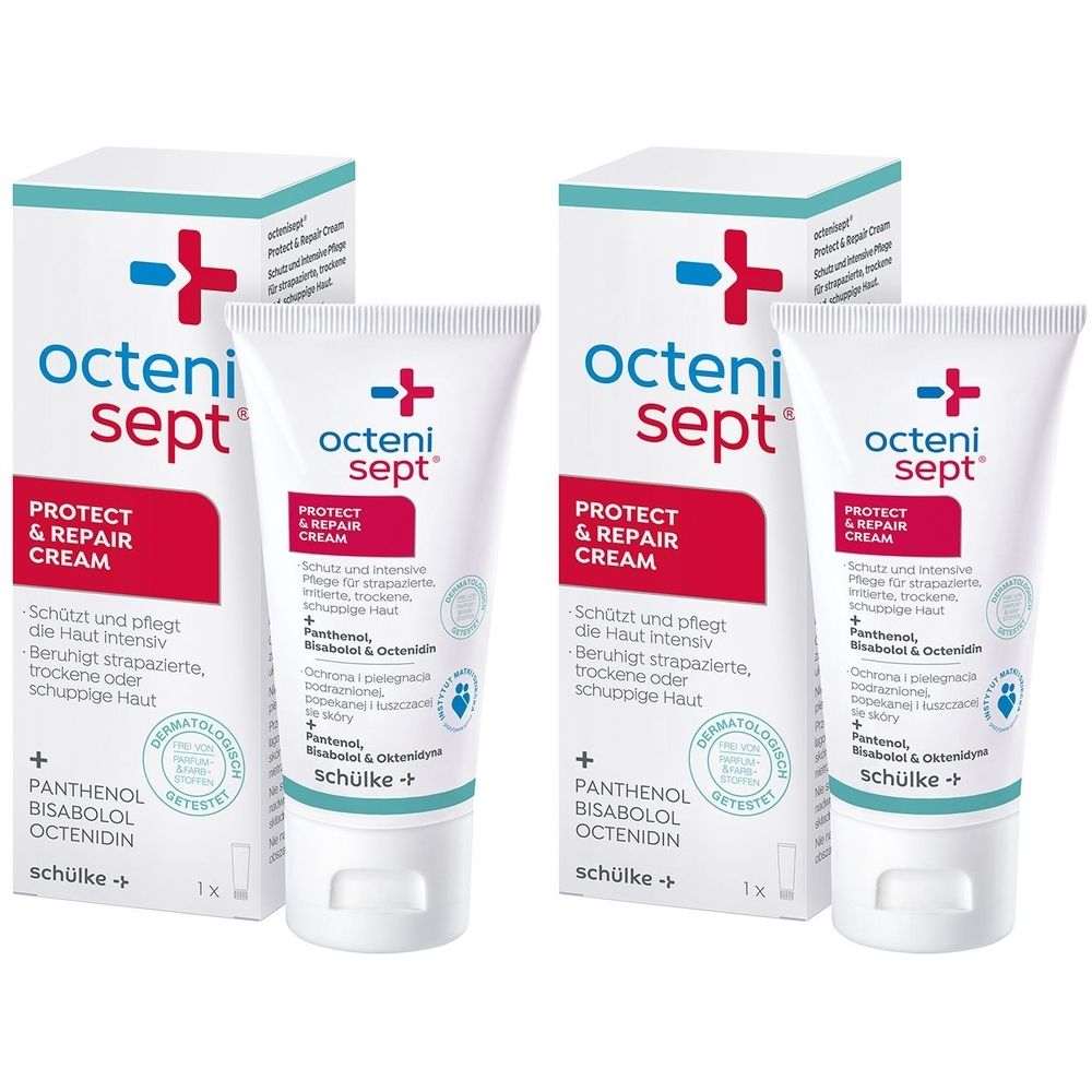 Zwei Tuben und Schachteln. Aufschrift: octenisept® PROTECT & REPAIR CREAM. Enthält Panthenol, Bisabolol, Octenidin.