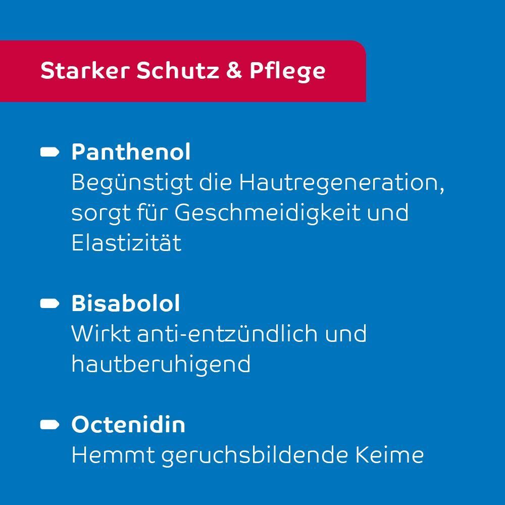 octenisept® Protect & Repair Cream: Panthenol für Elastizität, Bisabolol beruhigt, Octenidin hemmt Keime.