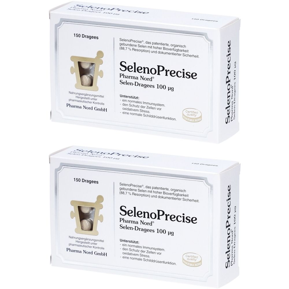 Zwei weiße Schachteln mit der Aufschrift SelenoPrecise, Pharma Nord. Auf jeder Schachtel steht Selen-Dragees 100 µg.
