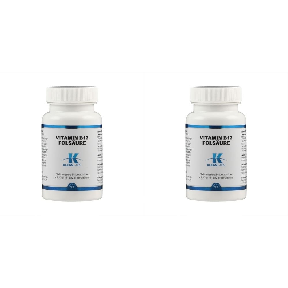 Zwei weiße Pillendosen mit Schraubverschluss. Aufschrift: Vitamin B12 Folsäure. Logo: ein blaues „K“.