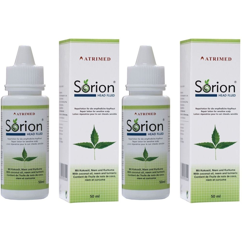 Drei Flaschen und zwei Kartons. Auf den Flaschen steht "Sorion Head Fluid". Die Kartons zeigen das Logo und Produktinformationen.