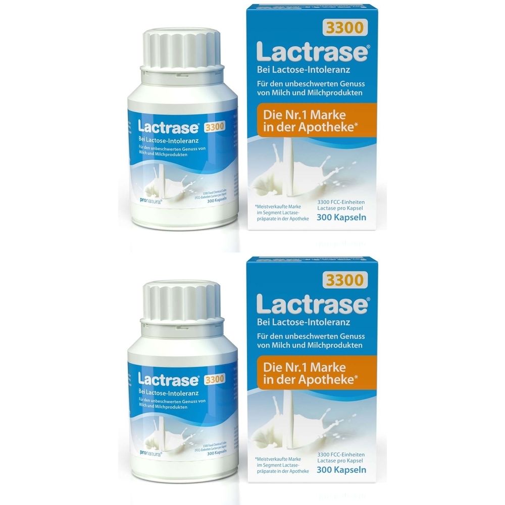 Zwei Flaschen und zwei Schachteln Lactrase 3300. Aufschrift: Bei Laktose-Intoleranz. Die Nr. 1 Marke in der Apotheke. 300 Kapseln.