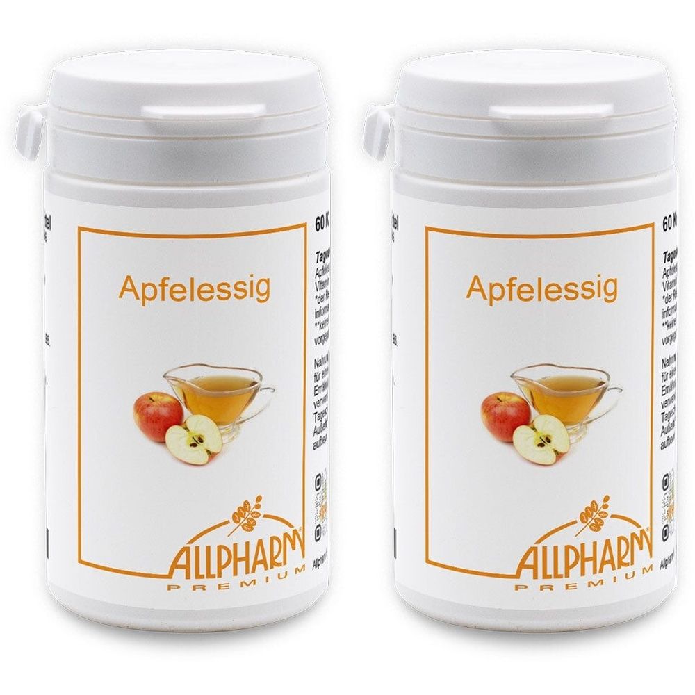 Zwei weiße Flaschen mit Deckel. Aufschrift "Apfelessig" und Logo. Abbildung von Apfel und Essig. Marke: ALLPHARM PREMIUM.