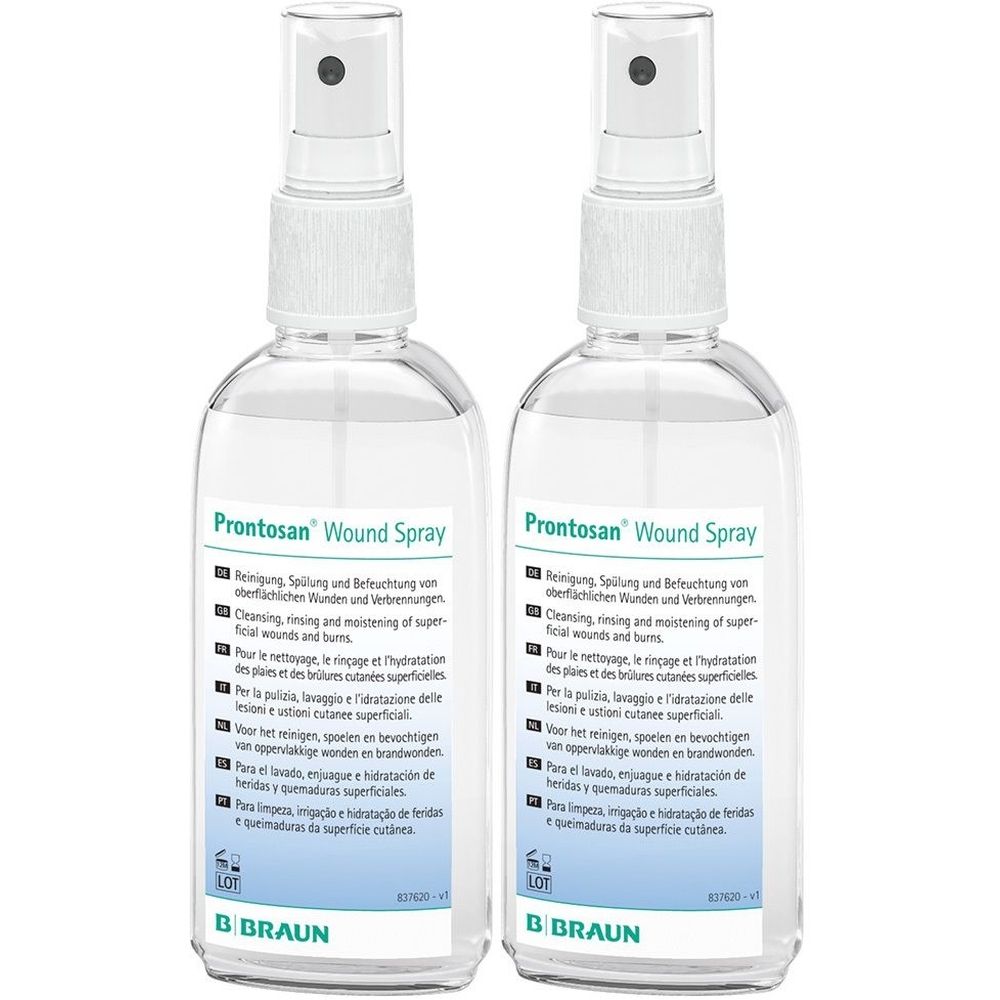 Zwei Flaschen Prontosan® Wundspray mit Sprühkopf. Aufkleber mit Produktinformationen und Logo von B. Braun.