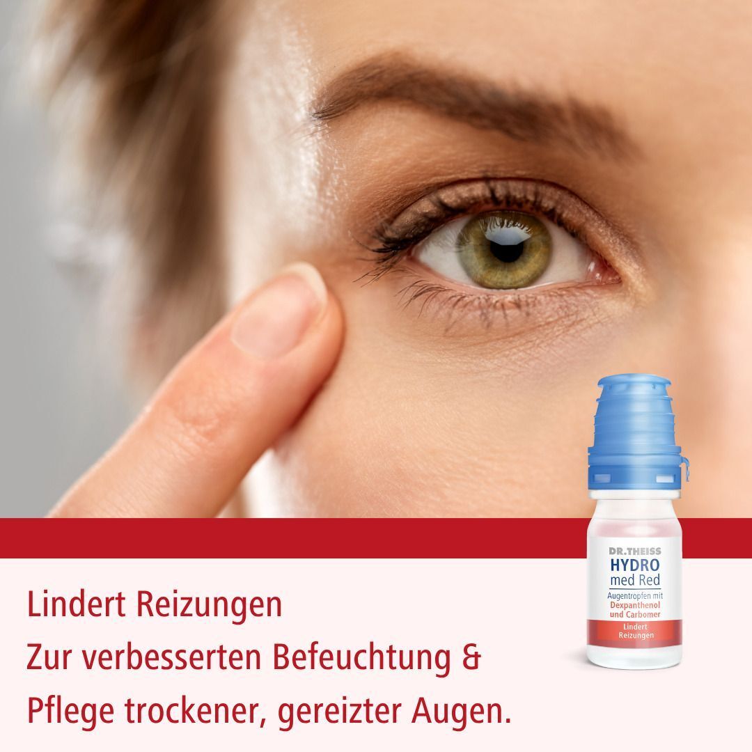 Nahaufnahme eines Auges mit einem Finger, daneben ein Fläschchen DR. THEISS Hydro med Red Augentropfen.