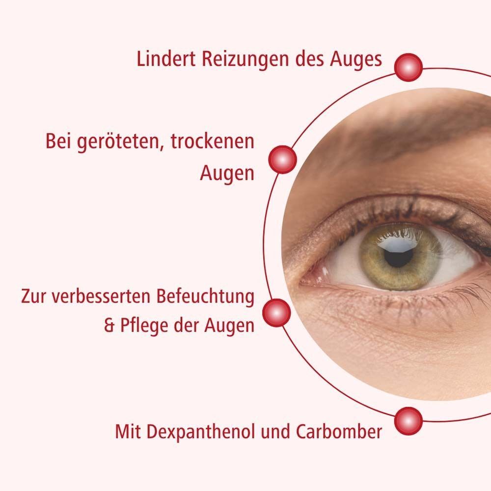 Nahaufnahme eines Auges mit Erläuterungen zu DR. THEISS Hydro med Red Augentropfen.