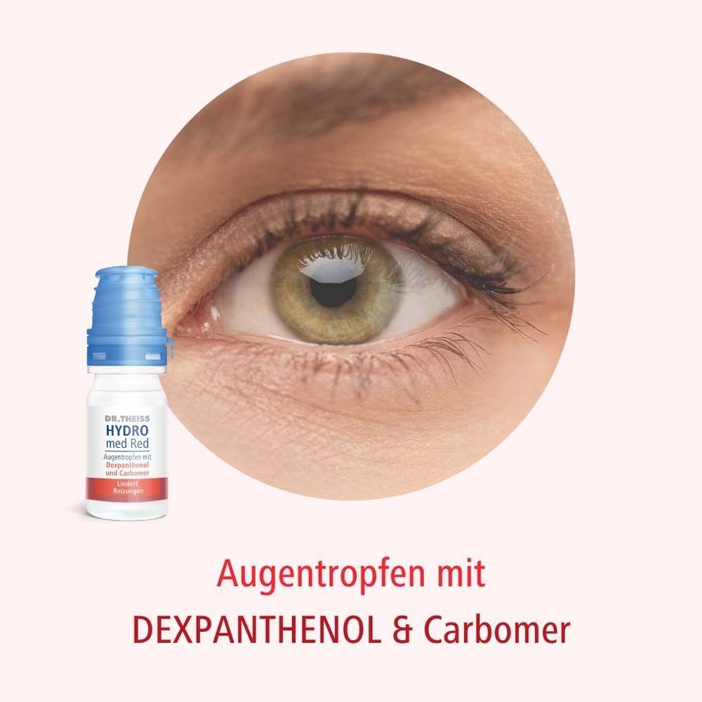 Nahaufnahme eines Auges mit einem Fläschchen DR. THEISS Hydro med Red Augentropfen.