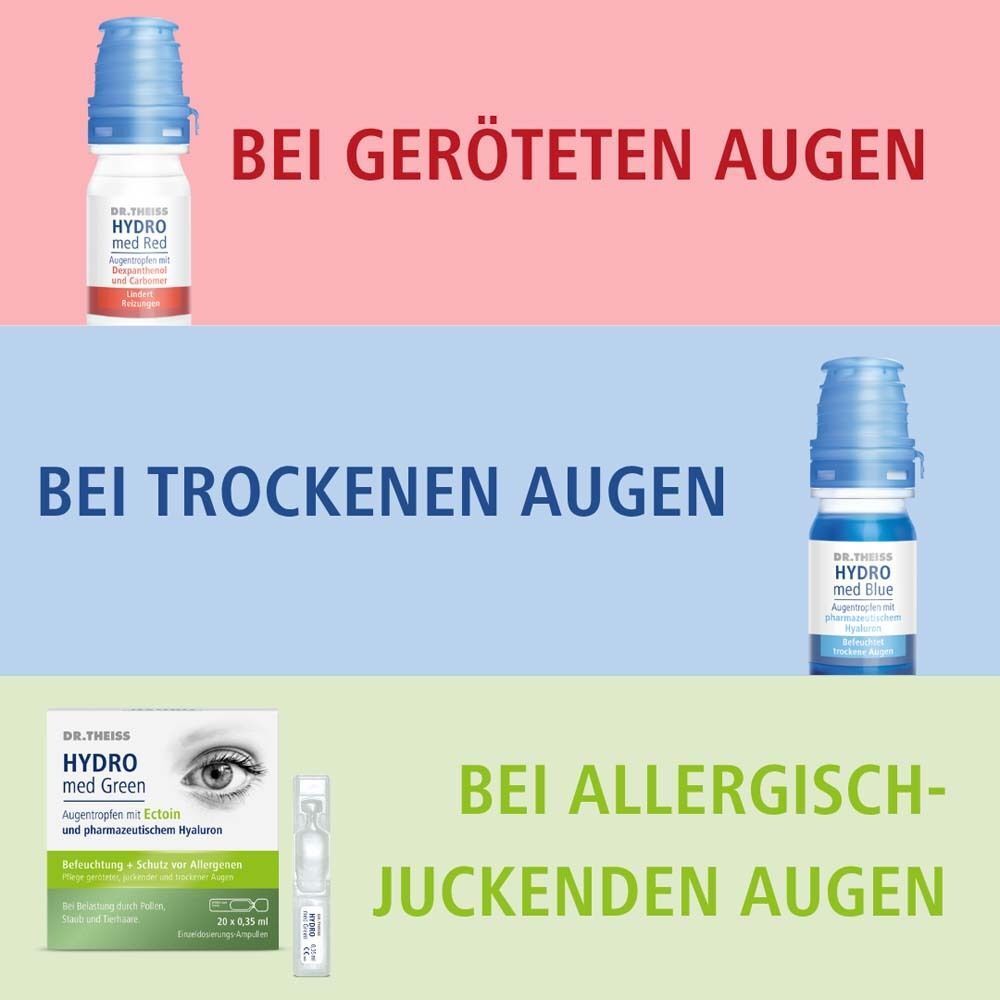 Drei Szenen mit Fläschchen DR. THEISS Hydro med Red und Hydro med Green Augentropfen.