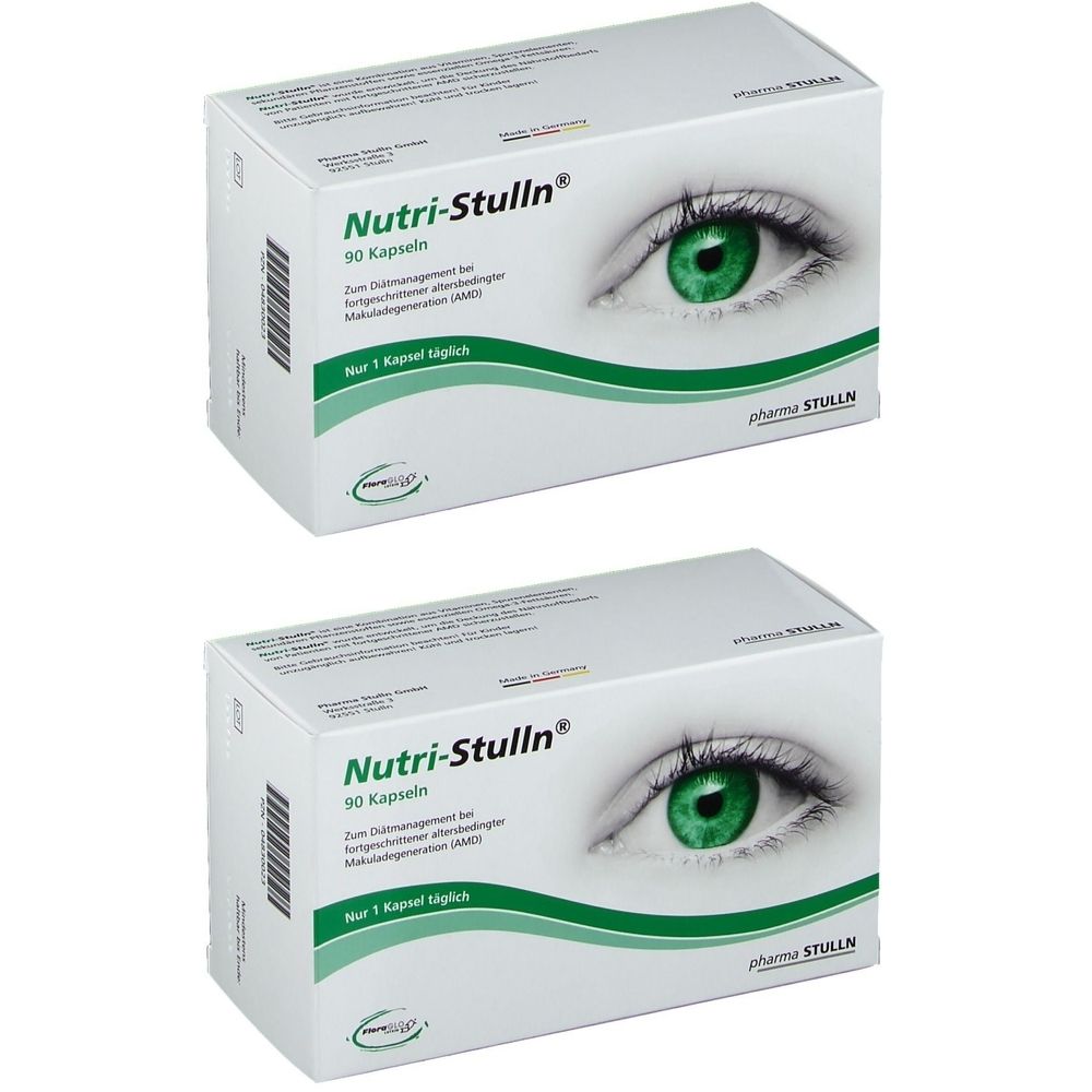 Zwei weiße Kartons mit Nutri-Stulln® Kapseln. Aufdruck: Auge, 90 Kapseln, grüne Schrift. Pharma Stulln Logo.