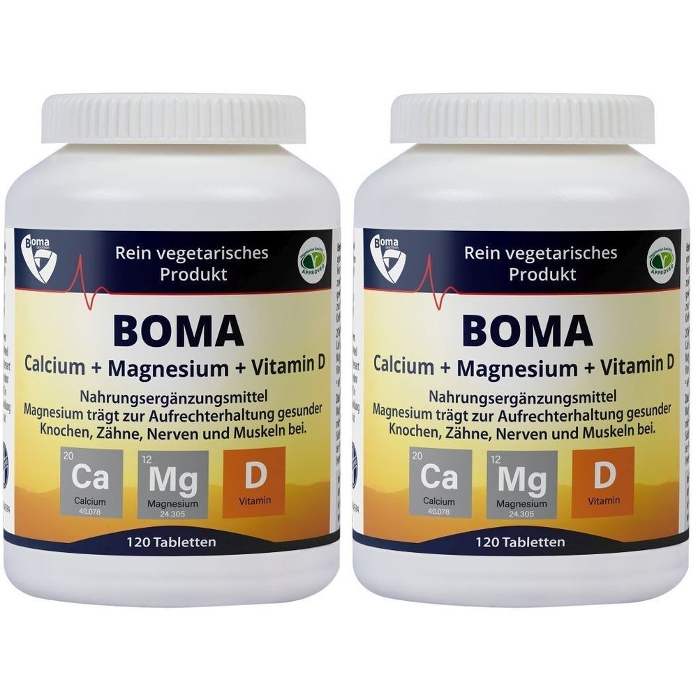 Zwei weiße Flaschen mit BOMA Calcium + Magnesium + Vitamin D. Aufschrift: Nahrungsergänzungsmittel. 120 Tabletten.