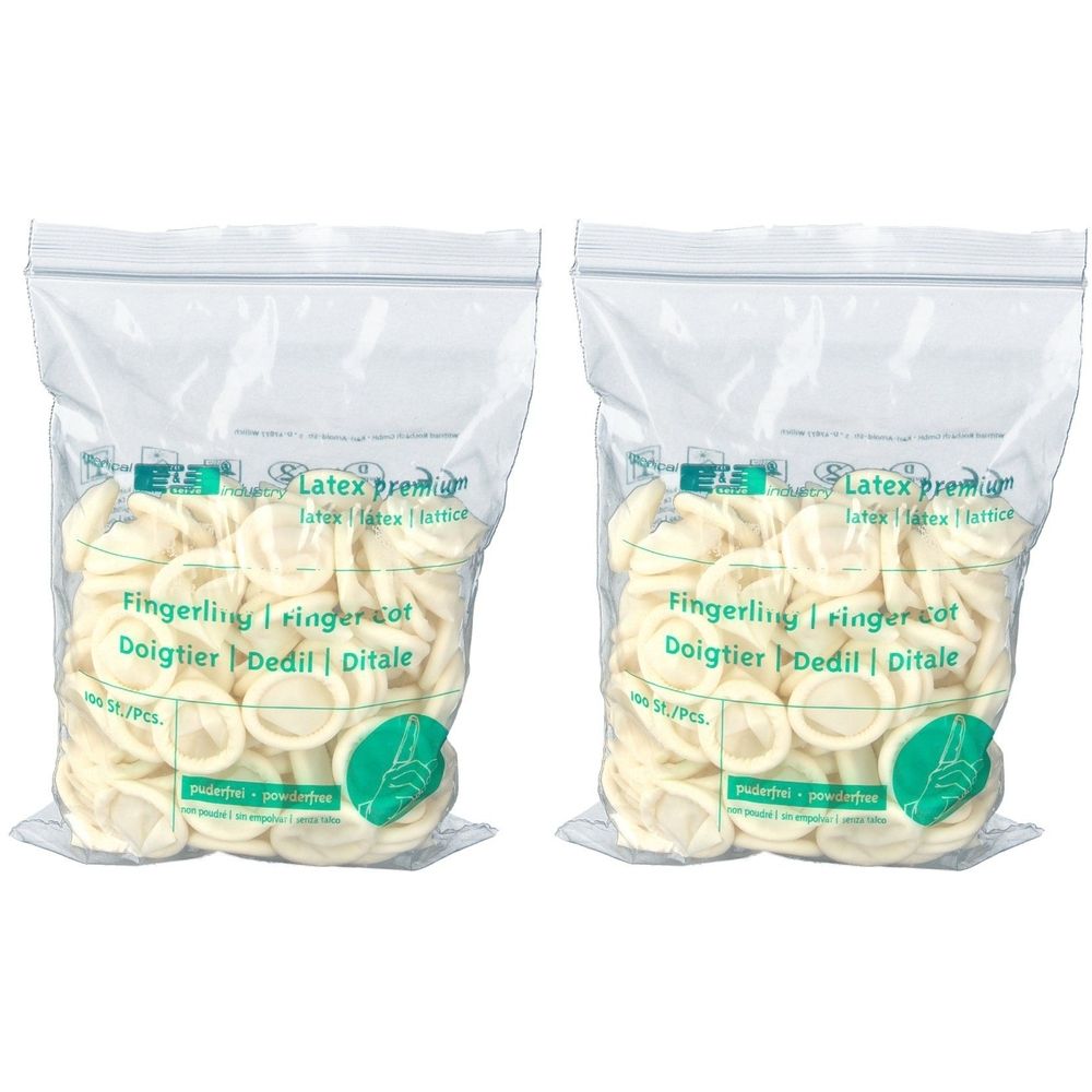 Zwei Beutel mit Fingerlingen. Jeder Beutel enthält viele cremefarbene Latex-Fingerlinge. Aufschrift: Latex Premium, Fingerling, Doigtier, Dedil, Ditale.