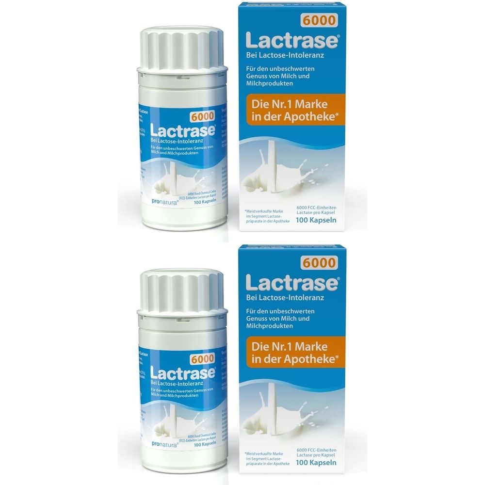 Zwei Packungen und zwei Flaschen Lactrase 6000. Aufschrift: Bei Lactose-Intoleranz. Die Nr. 1 Marke in der Apotheke. 100 Kapseln.