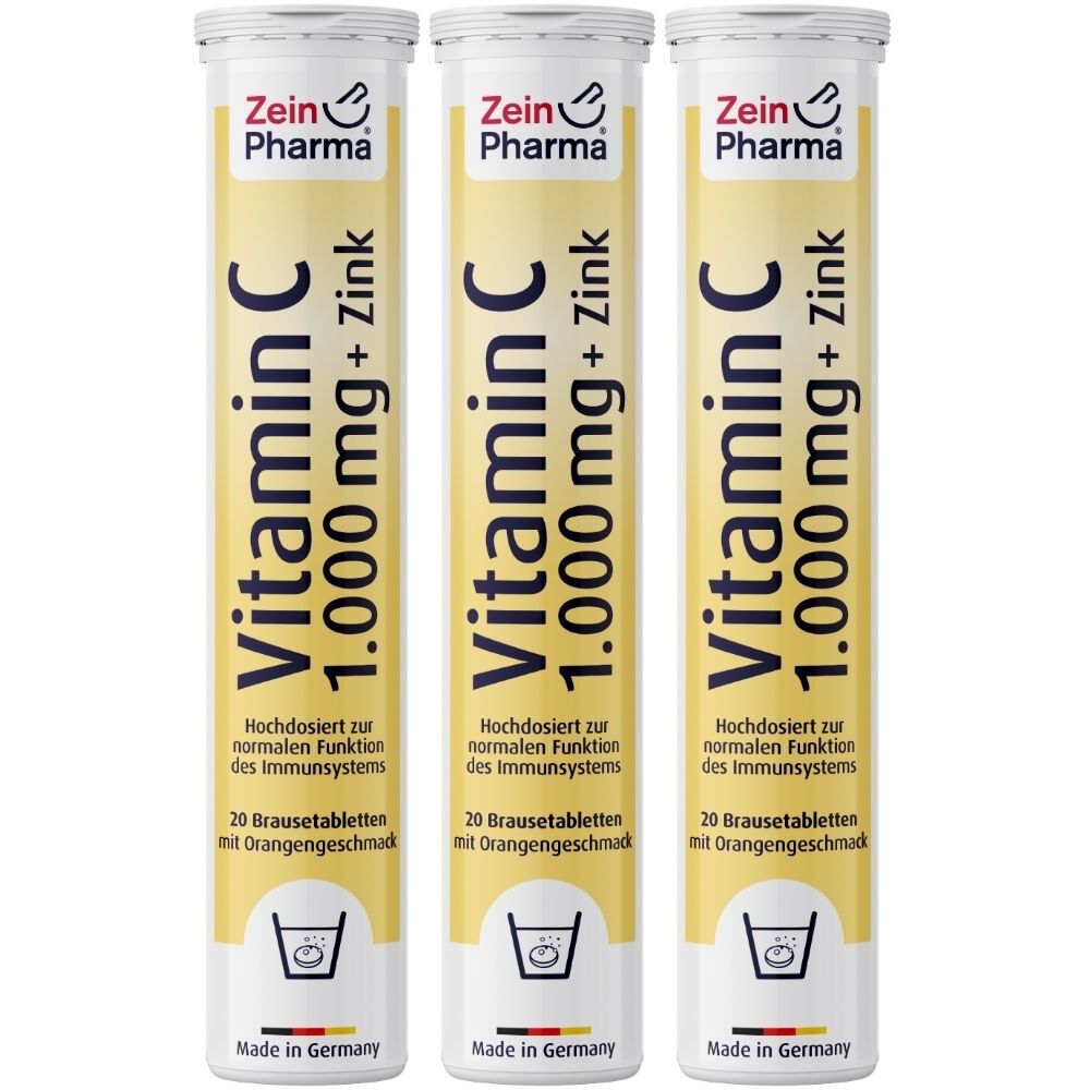 Drei Tuben Vitamin C 1.000 mg + Zink Brausetabletten. Aufschrift: Zein Pharma. 20 Brausetabletten mit Orangengeschmack. Hergestellt in Deutschland.