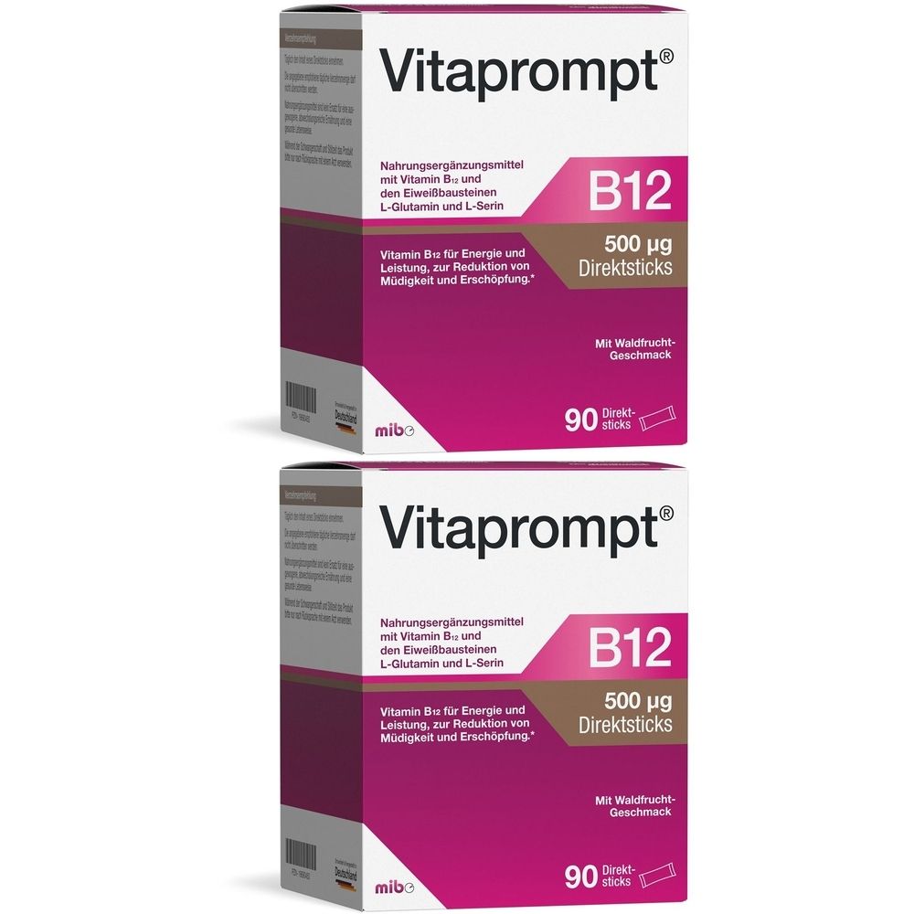 Zwei Packungen Vitaprompt B12 Direktsticks. Aufschrift: B12, 500 μg, 90 Sticks. Rosa und weißes Design.