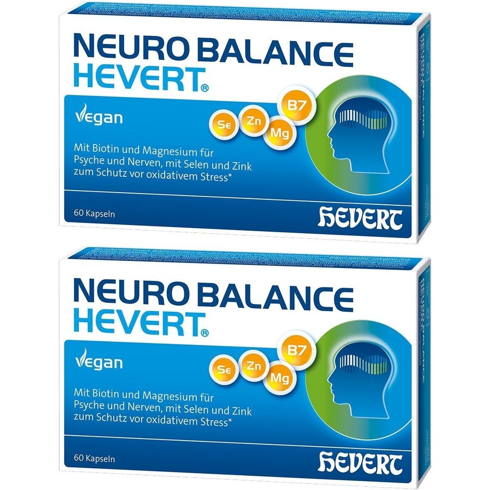 Zwei Schachteln Neuro Balance Hevert. Blaue und weiße Verpackung mit Produktnamen, Inhaltsstoffen und Logo. 60 Kapseln.