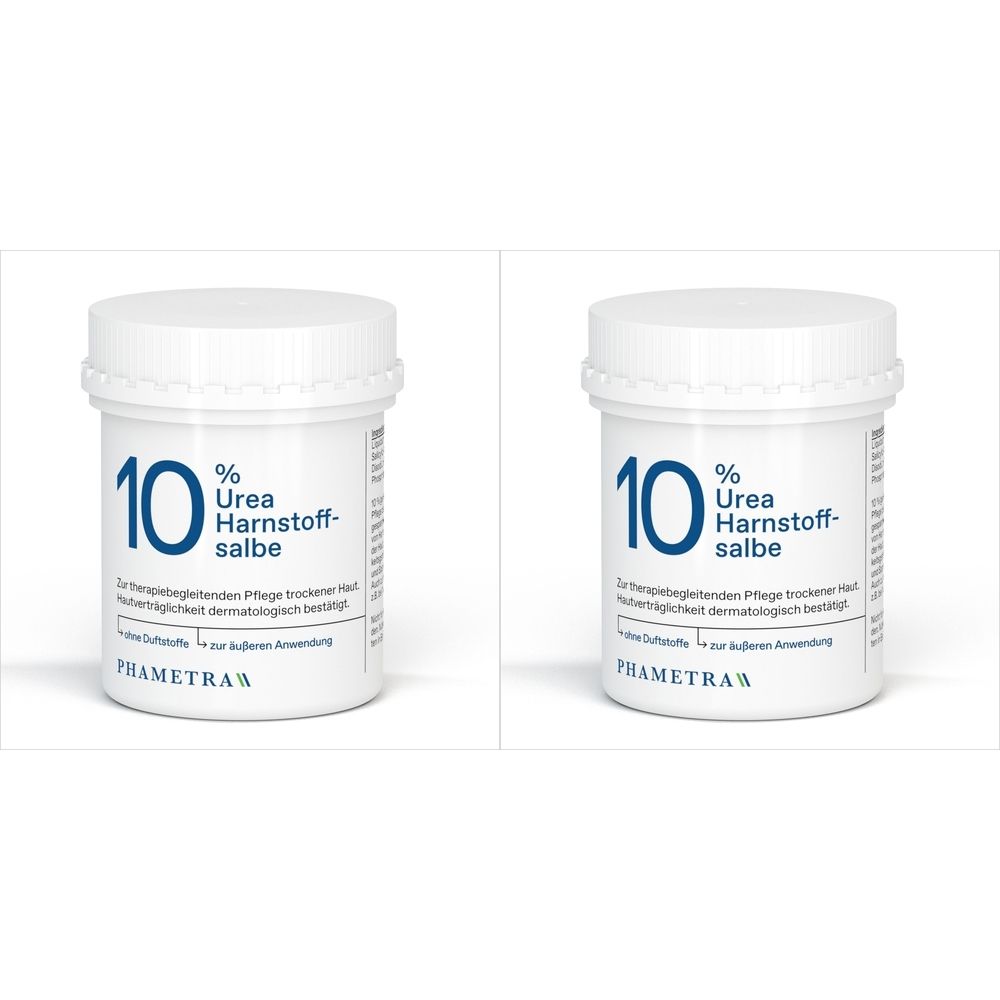 Zwei weiße Tiegel mit Deckel. Aufdruck: 10% Urea Harnstoffsalbe. Text und Logo PHAMETRA.