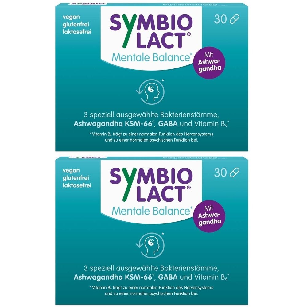 Zwei Schachteln mit Kapseln. Aufschrift: SYMBIO LACT Mentale Balance. Enthält Ashwagandha, 30 Kapseln. Vegan, glutenfrei, laktosefrei.