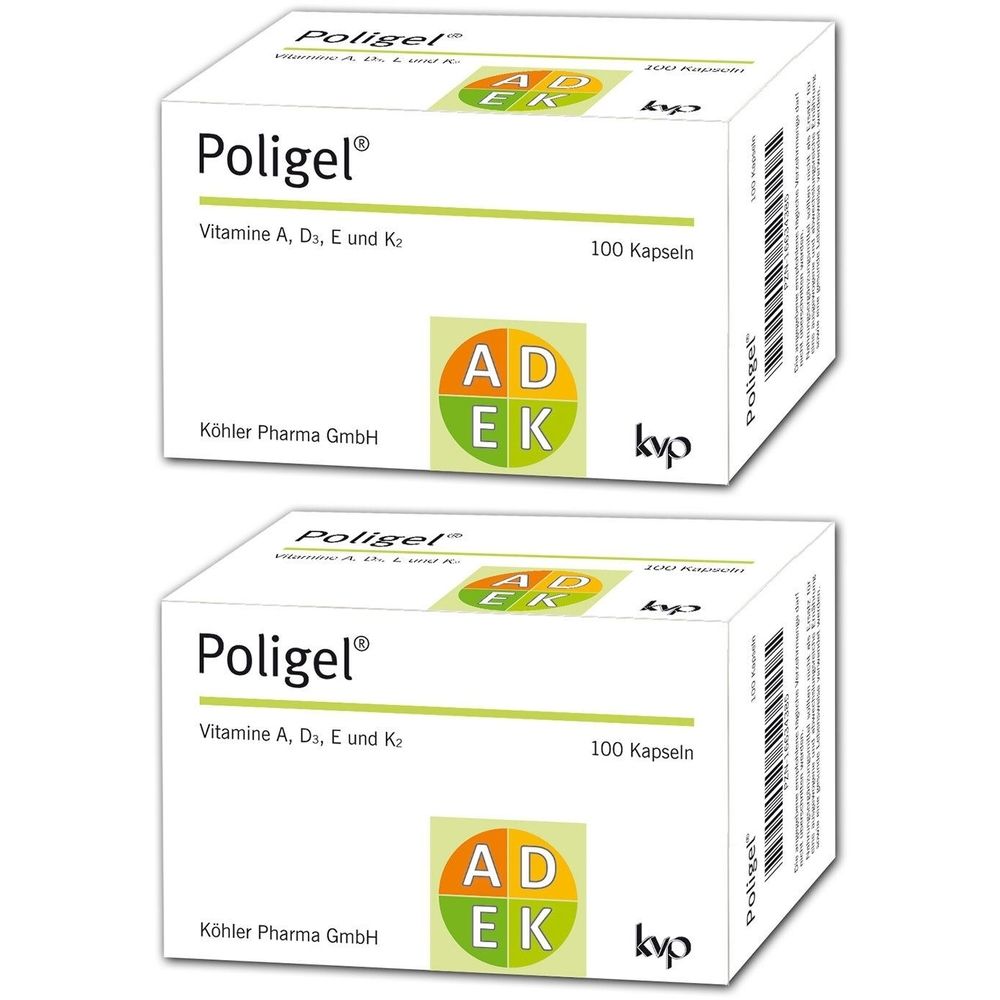 Zwei weiße Kartons mit der Aufschrift Poligel®. Enthält Vitamine A, D3, E und K2. 100 Kapseln. Mit AD EK Logo.