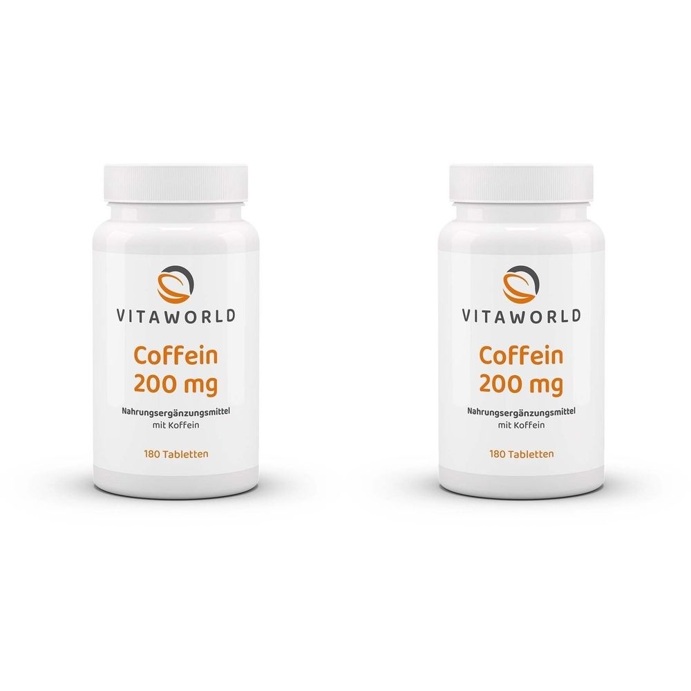 Zwei weiße Flaschen mit Schraubverschluss. Aufschrift: VitaWorld Coffein 200 mg. Nahrungsergänzungsmittel mit Koffein. 180 Tabletten.