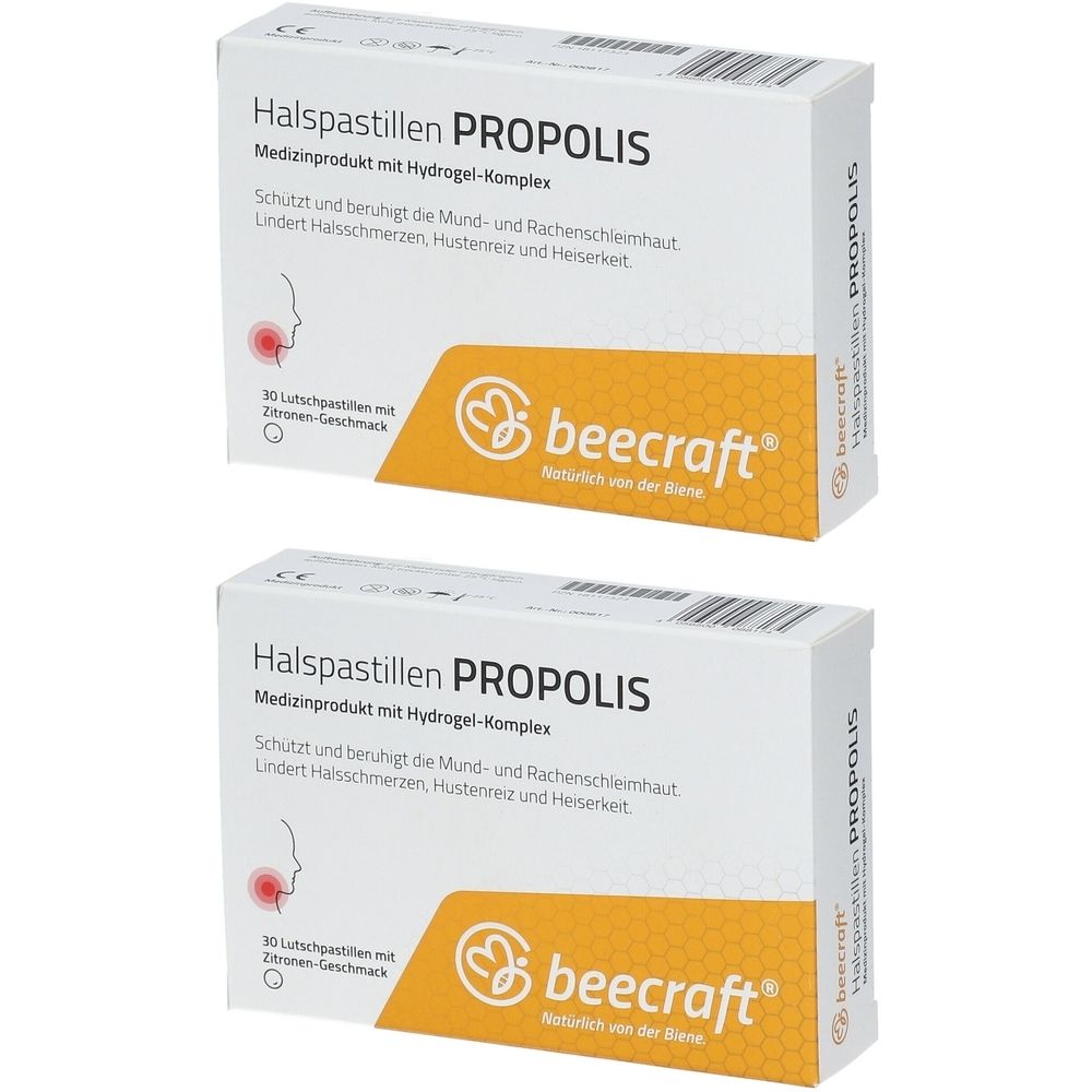 Zwei Schachteln Halspastillen PROPOLIS. Weiß mit gelben Akzenten. Schriftzug: beecraft®. Medizinprodukt.