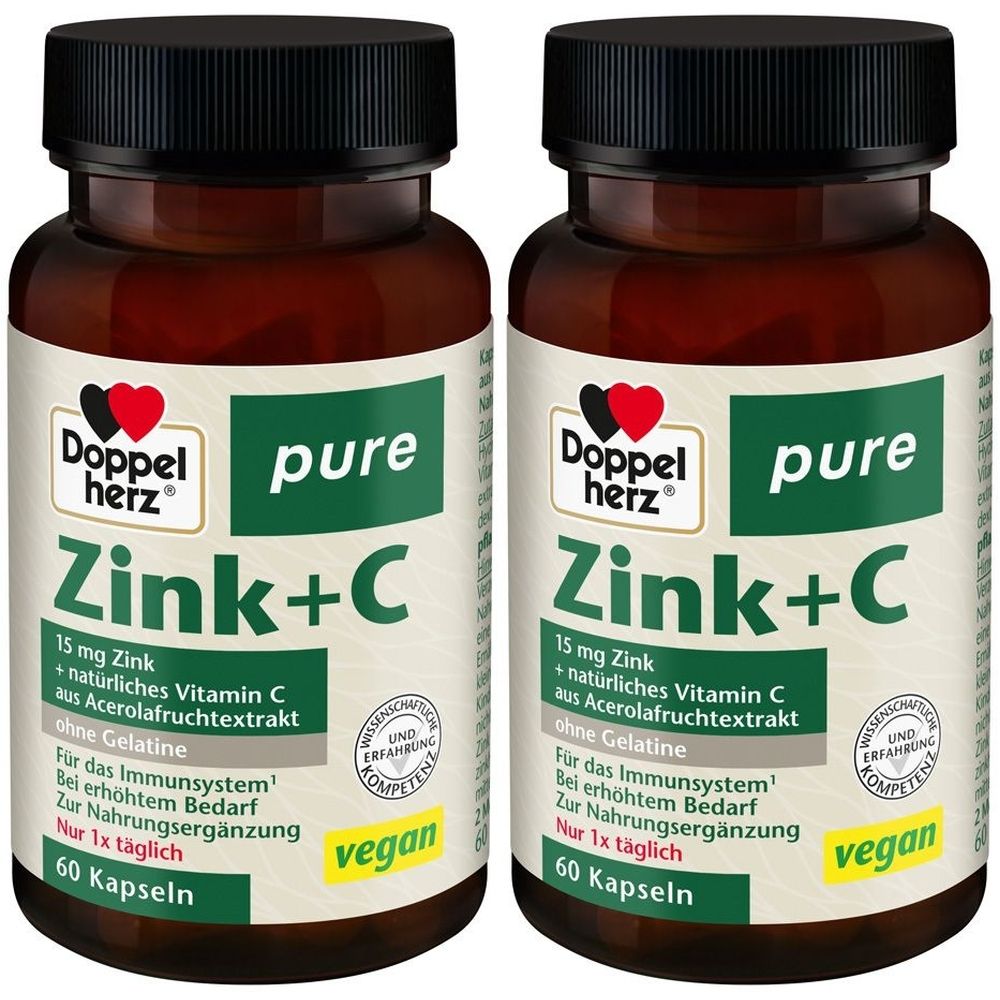 Zwei Flaschen Doppelherz pure Zink+C. Braune Flaschen mit schwarzem Deckel und grün-weißem Etikett. Aufschrift: Zink+C, 60 Kapseln, vegan.