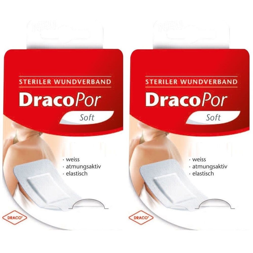 Verpackung mit zwei sterilen Wundverbänden. Rote Verpackung mit Produktnamen DracoPor Soft. Eigenschaften: weiß, atmungsaktiv, elastisch.