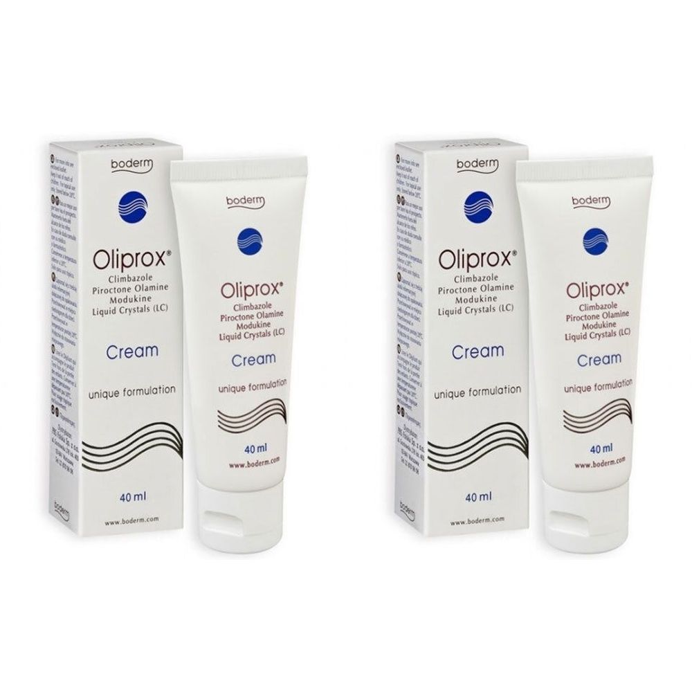 Zwei Tuben und Schachteln. Auf den Tuben und Schachteln steht Oliprox Cream. Auf den Tuben steht 40 ml.