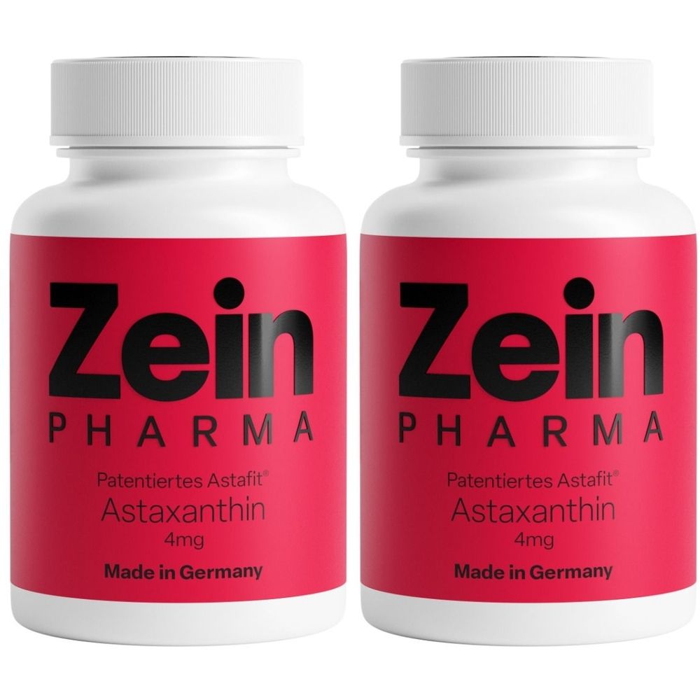 Zwei Flaschen Zein Pharma Astaxanthin Kapseln. Rote Etiketten mit schwarzer Schrift. Enthält 4mg Astaxanthin. Hergestellt in Deutschland.
