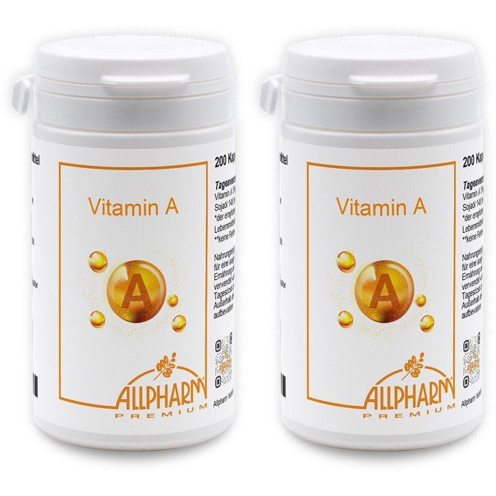 Zwei weiße Flaschen mit Schraubverschluss. Aufschrift "Vitamin A" und "ALLPHARM PREMIUM". Gelbes Logo mit "A".