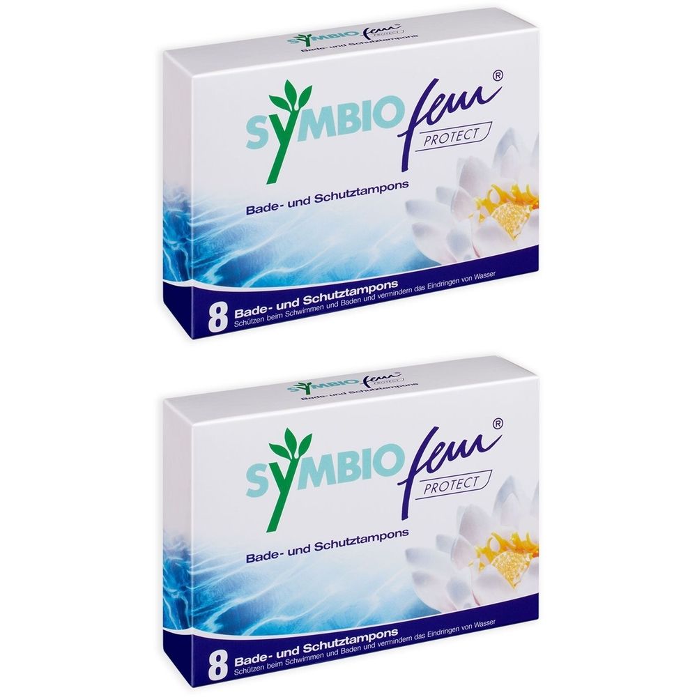 Zwei weiße Schachteln mit Produktaufdruck. Aufschrift: Symbiofem protect, Bade- und Schutztampons. Acht Stück.