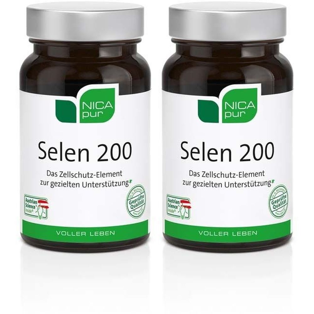 Zwei Flaschen nicapur® Selen 200. Braune Glasflaschen mit silbernem Deckel und weißem Etikett. Aufschrift: Nica pur, Selen 200.