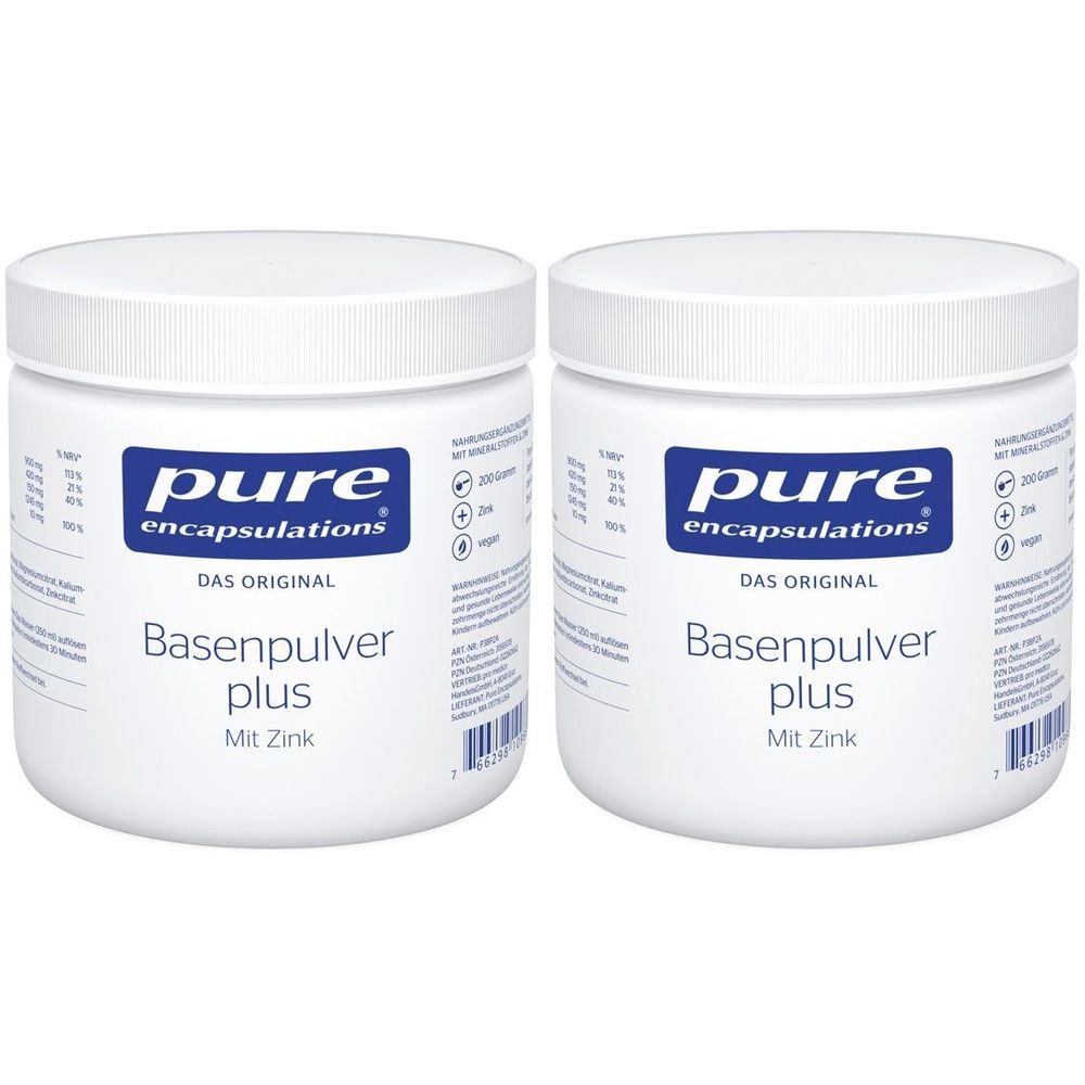 Zwei weiße Dosen "Pure Encapsulations Basenpulver plus". Aufschrift "Das Original" und "Mit Zink".
