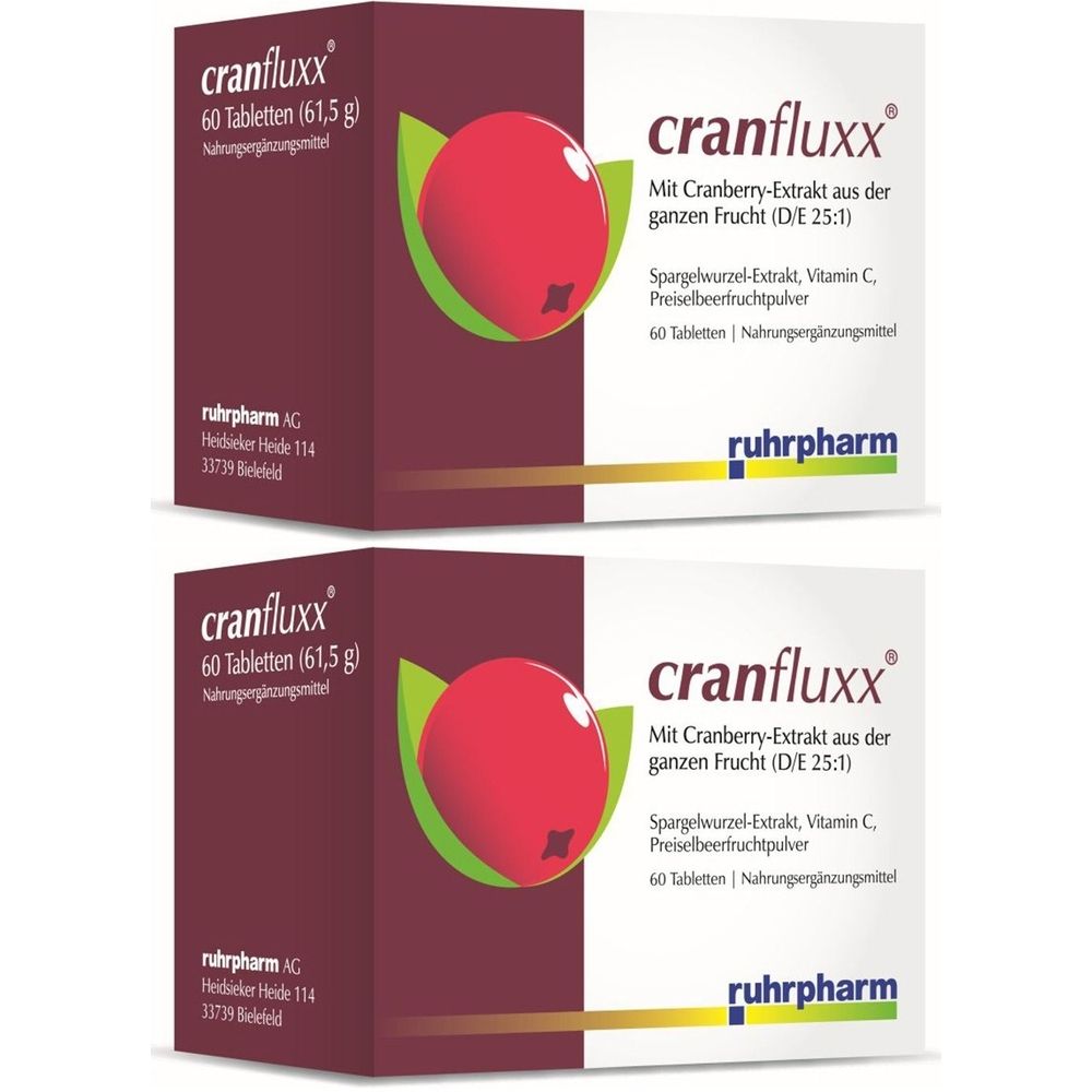 Zwei Schachteln Cranfluxx Tabletten. Aufdruck: Cranberry-Extrakt, 60 Tabletten. Marke: ruhrpharm. Abbildung einer Cranberry.