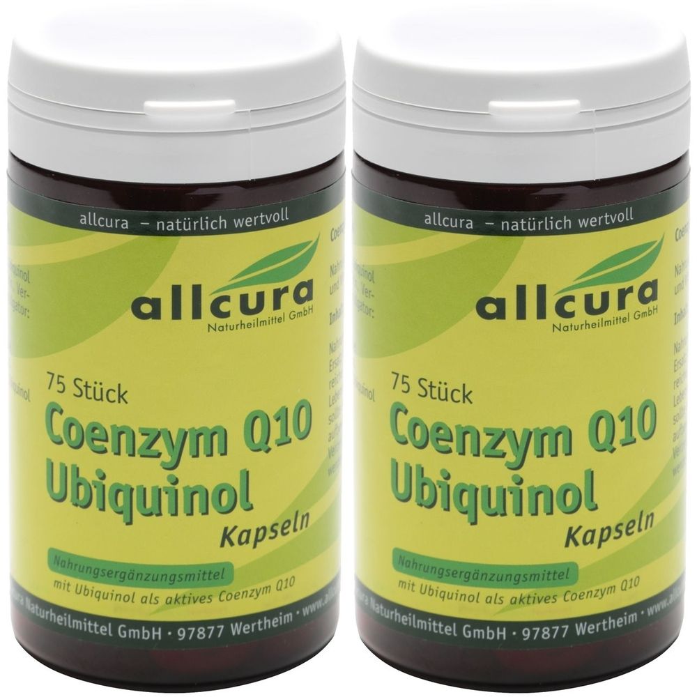 Zwei braune Pillendosen mit weißem Deckel. Aufschrift: allcura Coenzym Q10 Ubiquinol, 75 Stück. Nahrungsergänzungsmittel.