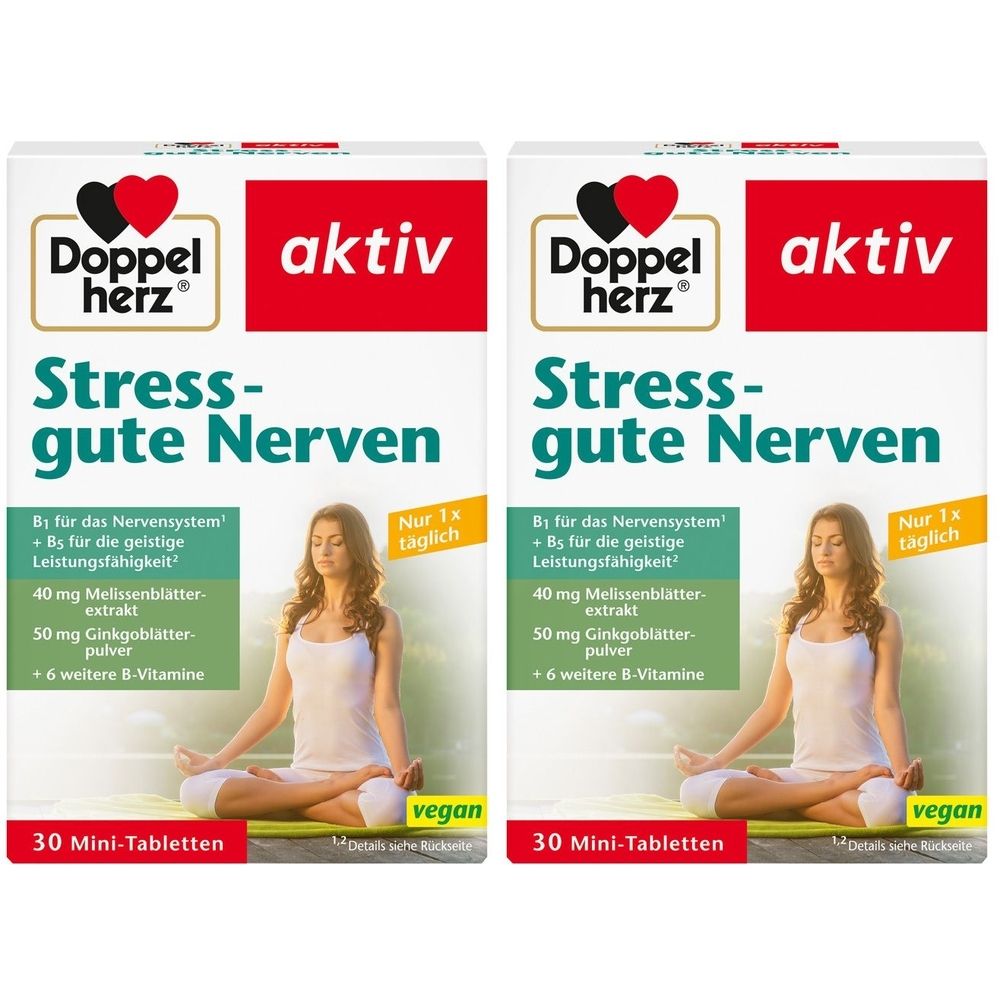 Zwei Packungen Doppelherz aktiv Stress-gute Nerven Tabletten. Weiße Verpackung mit Logo, Produktnamen und Frau im Yoga-Sitz.