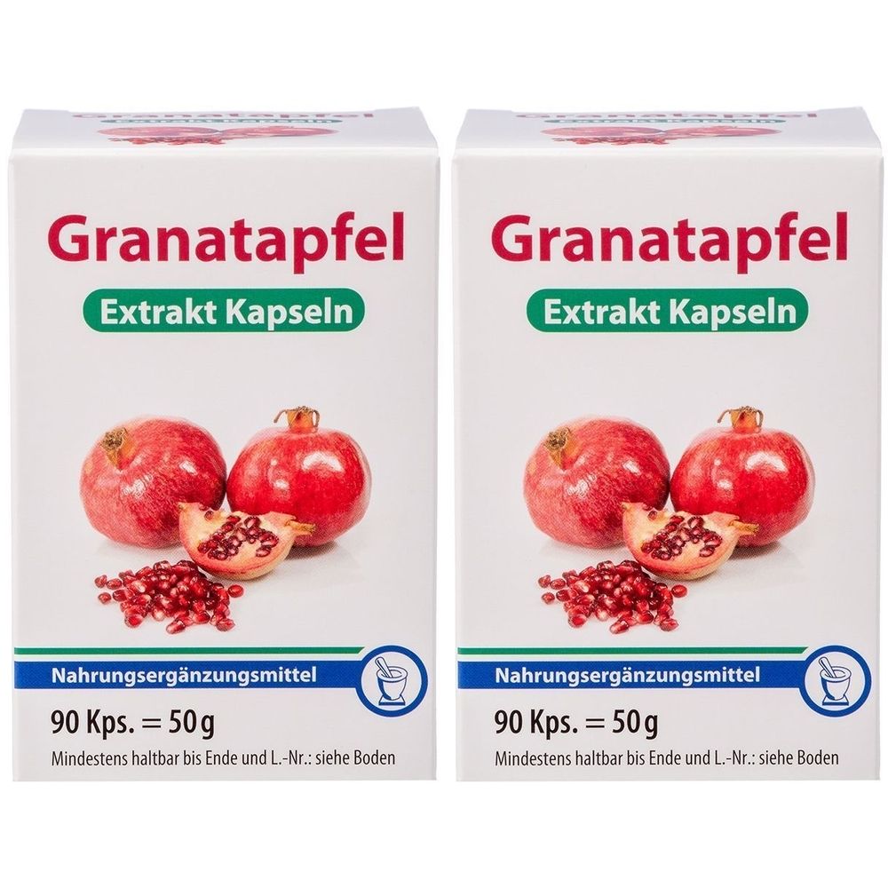 Zwei weiße Kartons mit Granatapfel-Extrakt Kapseln. Aufdruck: Granatapfel, Extrakt Kapseln, 90 Kps. = 50g.