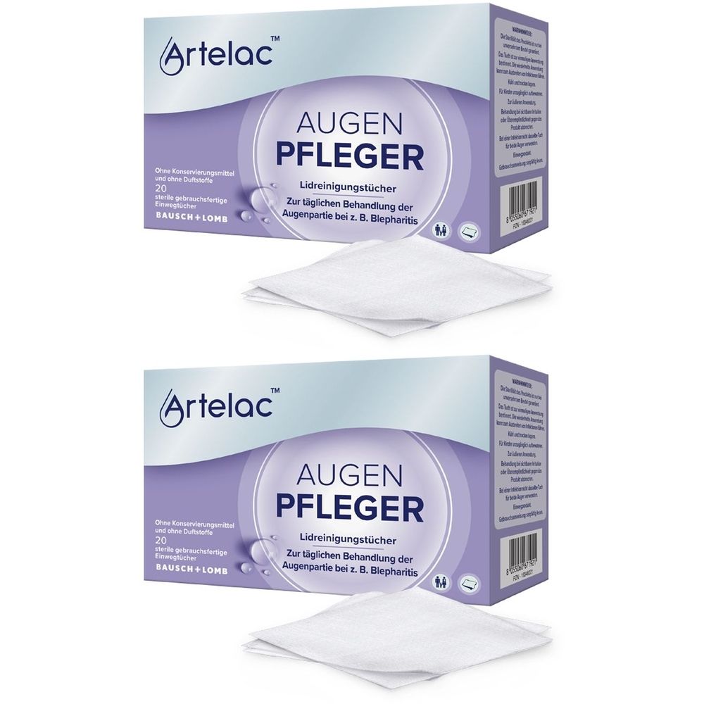 Zwei Packungen ARTELAC® Augenpfleger Lidreinigungstücher. Weiße Tücher liegen vor den Kartons. Aufdruck: AUGEN PFLEGER, Bausch + Lomb.