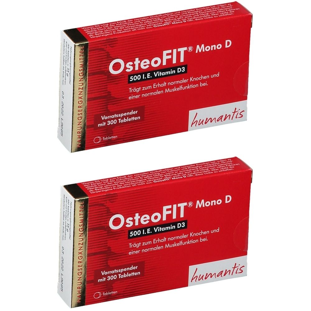 Zwei rote Schachteln OsteoFIT® Mono D. Aufschrift: 500 I.E. Vitamin D3. Vorratsspender mit 300 Tabletten. Marke: humantis.