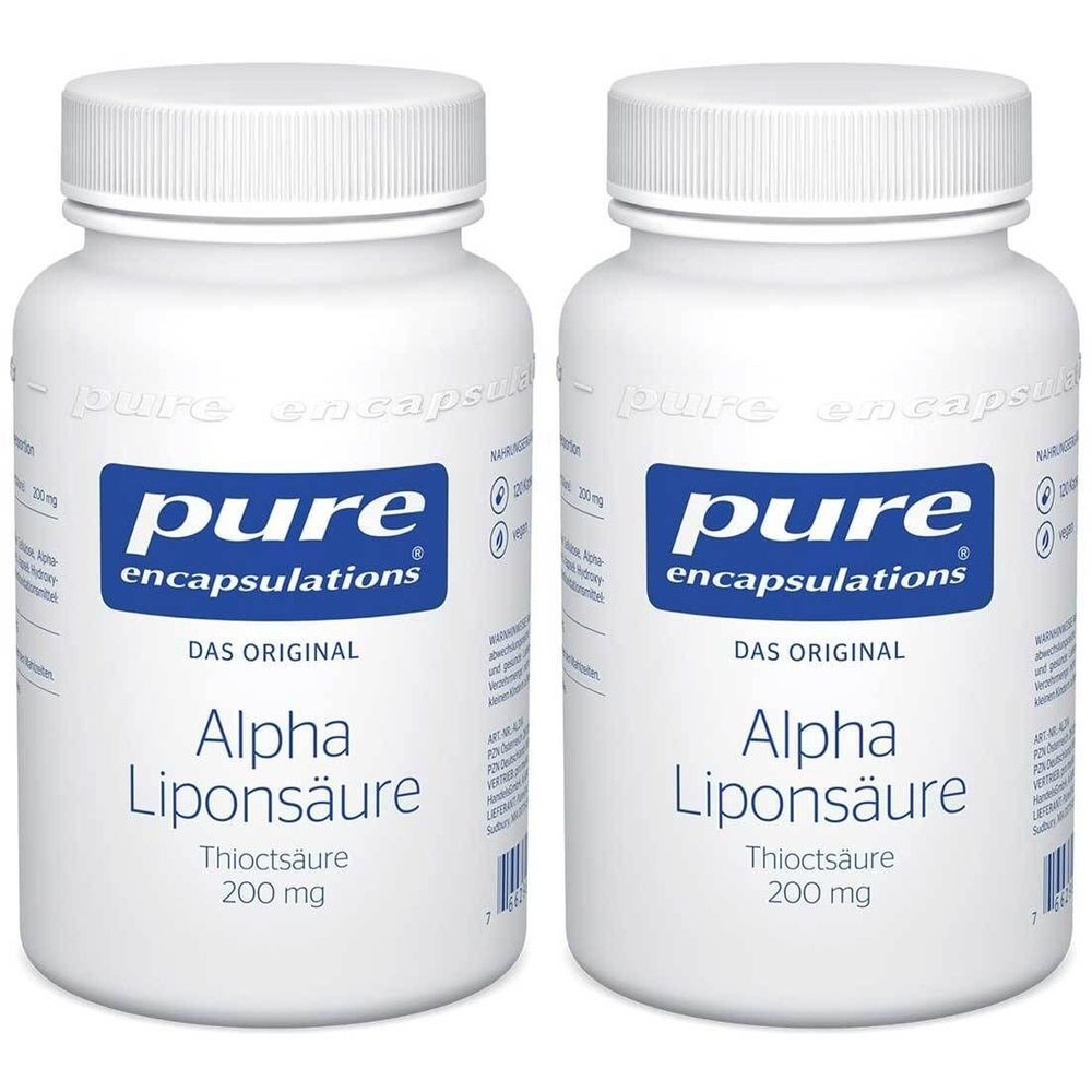 Zwei weiße Flaschen mit blauem Etikett. Aufschrift: pure encapsulations, Alpha Liponsäure, 200 mg.