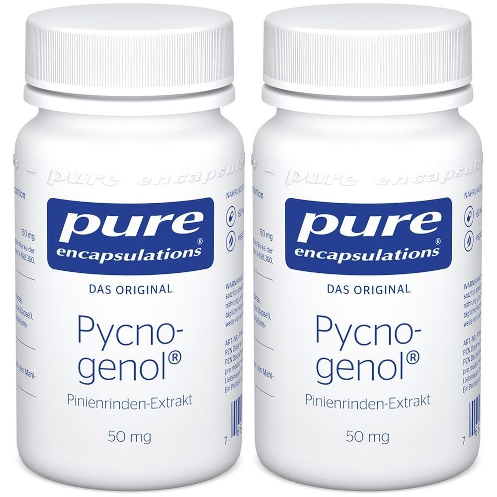 Zwei weiße Flaschen mit blauen Etiketten. Aufschrift: pure encapsulations®, Pycnogenol®, 50 mg.