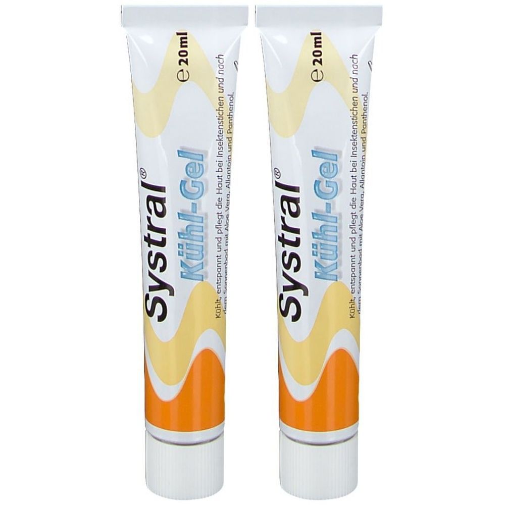 Zwei Tuben Systral Kühl-Gel. Weiße Tuben mit gelb-orangem Design. Text: Systral, Kühl-Gel, e 20ml. Enthält Allantoin und Panthenol.