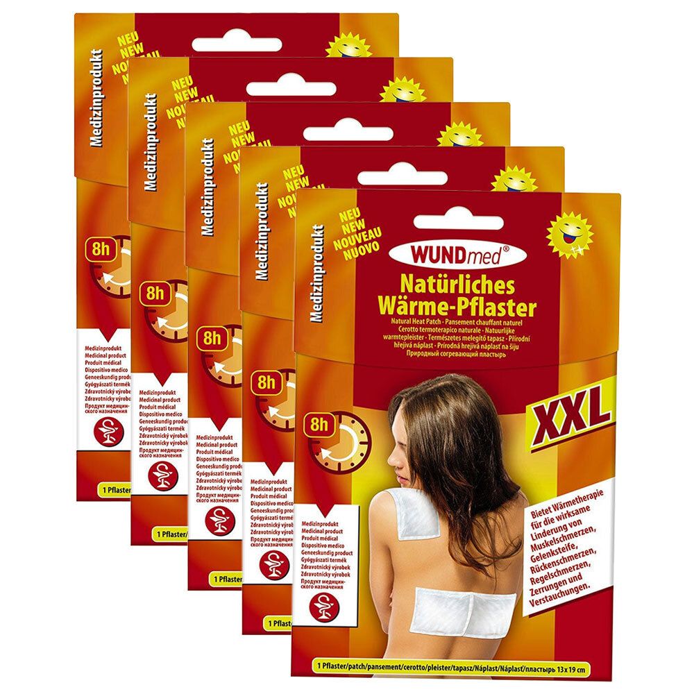 Mehrere Packungen WUNDmed Wärme-Pflaster XXL. Auf einer Packung ist ein Pflaster auf dem Rücken einer Person abgebildet. Aufdruck: 8h, Medizinprodukt.