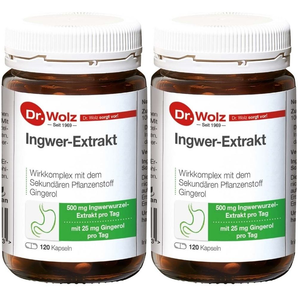 Zwei braune Glasflaschen mit weißen Deckeln. Aufschrift: Ingwer-Extrakt, Dr. Wolz. Enthält 120 Kapseln. Grün-weiße Etiketten mit Inhaltsangaben.