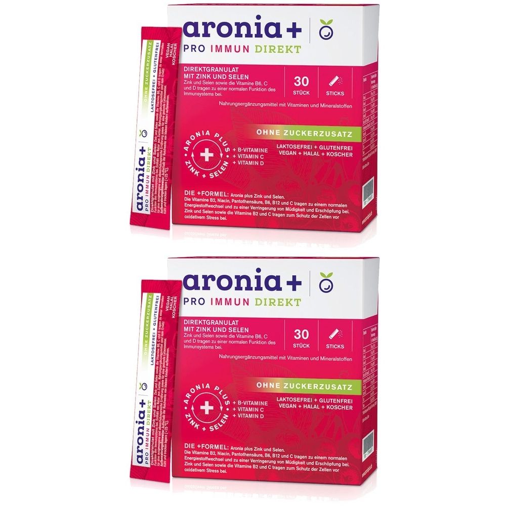 Zwei Packungen Aronia+ Pro Immun Direkt. Rote Verpackung mit weißer Schrift. Enthält 30 Sticks. Aufschrift: Ohne Zuckerzusatz, vegan.
