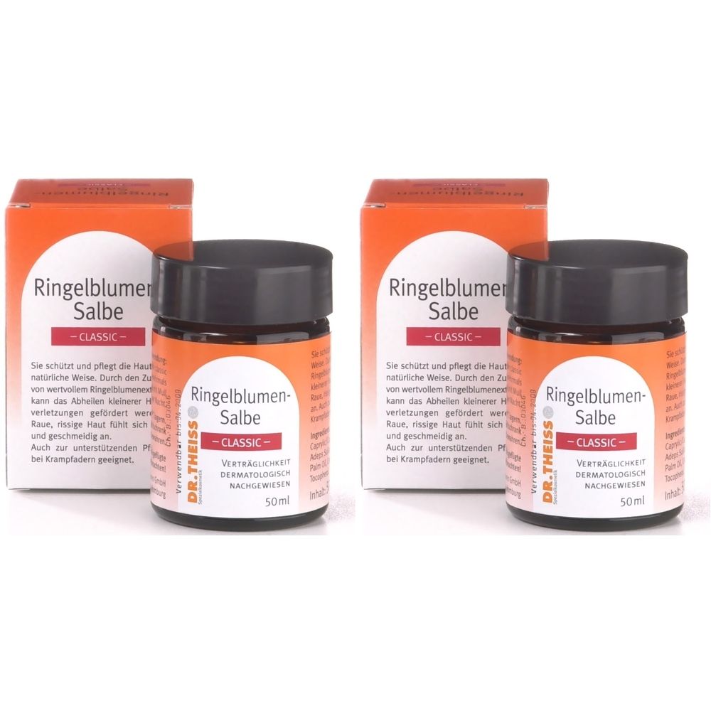 Zwei Tiegel Ringelblumen-Salbe Classic mit orangefarbener Verpackung. Aufschrift: Ringelblumen Salbe Classic, DR. Theiss.